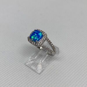 Dazzling Silver Stainless Steel Ring with Blue Opal & CZ's
